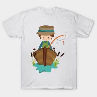 Fishing Boy, Fisherman, Fishing Rod, Brown Hair T-Shirt